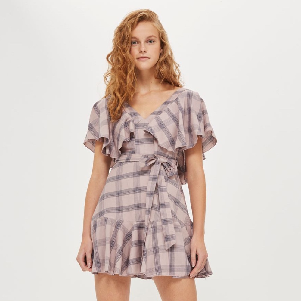 Topshop Rose Washed Check Frill Mini Dress US 4